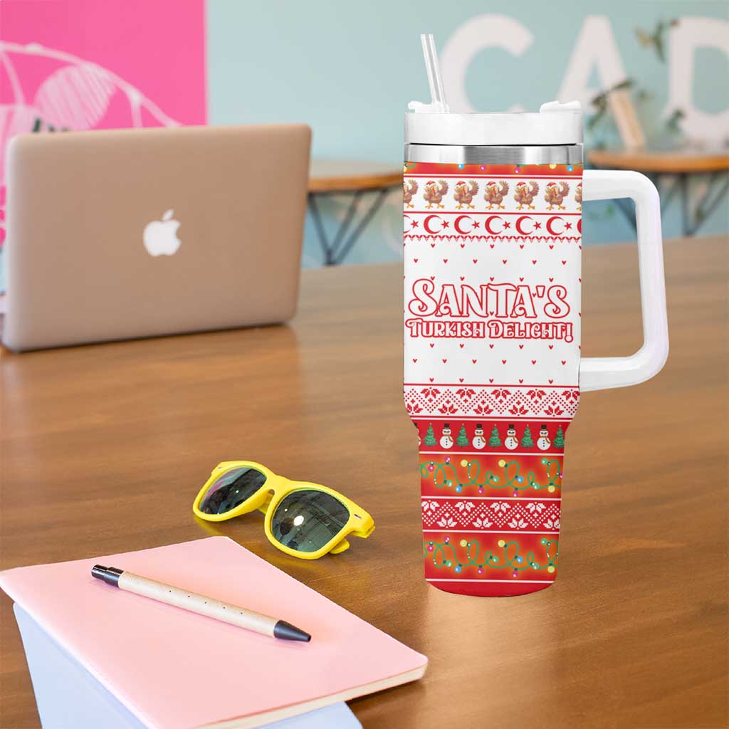 Turkey Christmas Tumbler With Handle with Santa Turkey Red Crescent Pattern Snowmen and Festive Lights - Wonder Print Shop