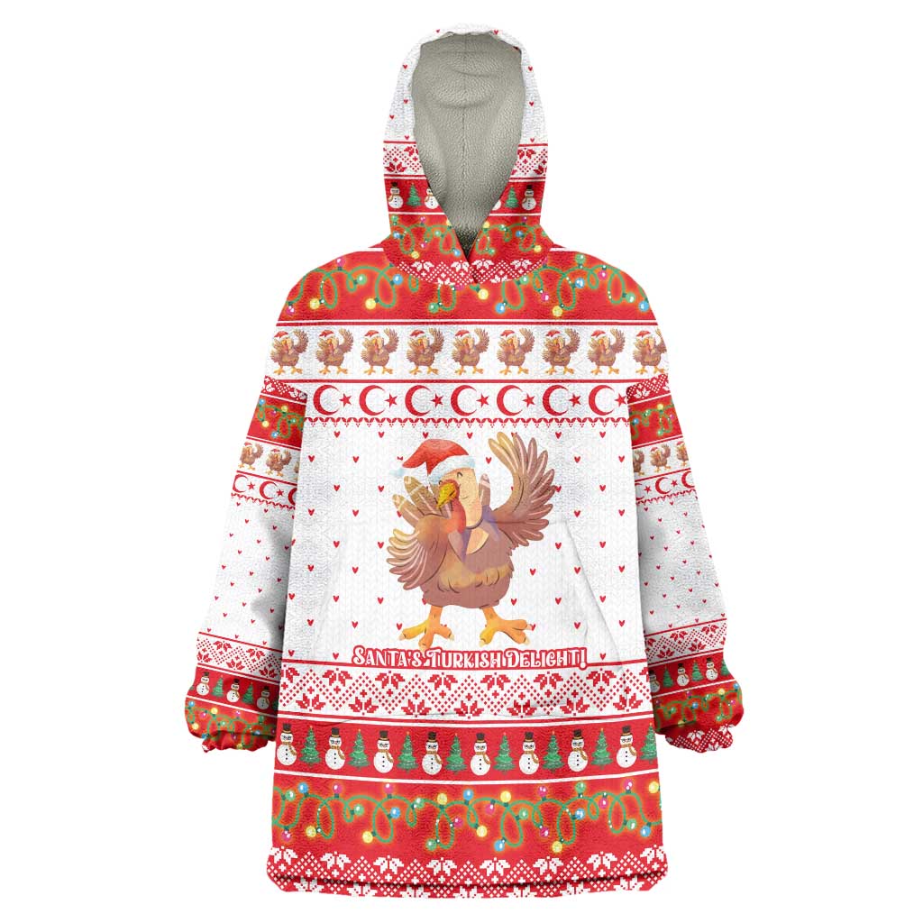 Turkey Christmas Wearable Blanket Hoodie with Santa Turkey Red Crescent Pattern Snowmen and Festive Lights - Wonder Print Shop