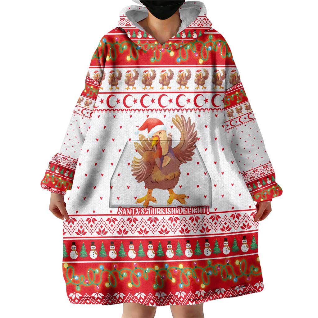 Turkey Christmas Wearable Blanket Hoodie with Santa Turkey Red Crescent Pattern Snowmen and Festive Lights - Wonder Print Shop
