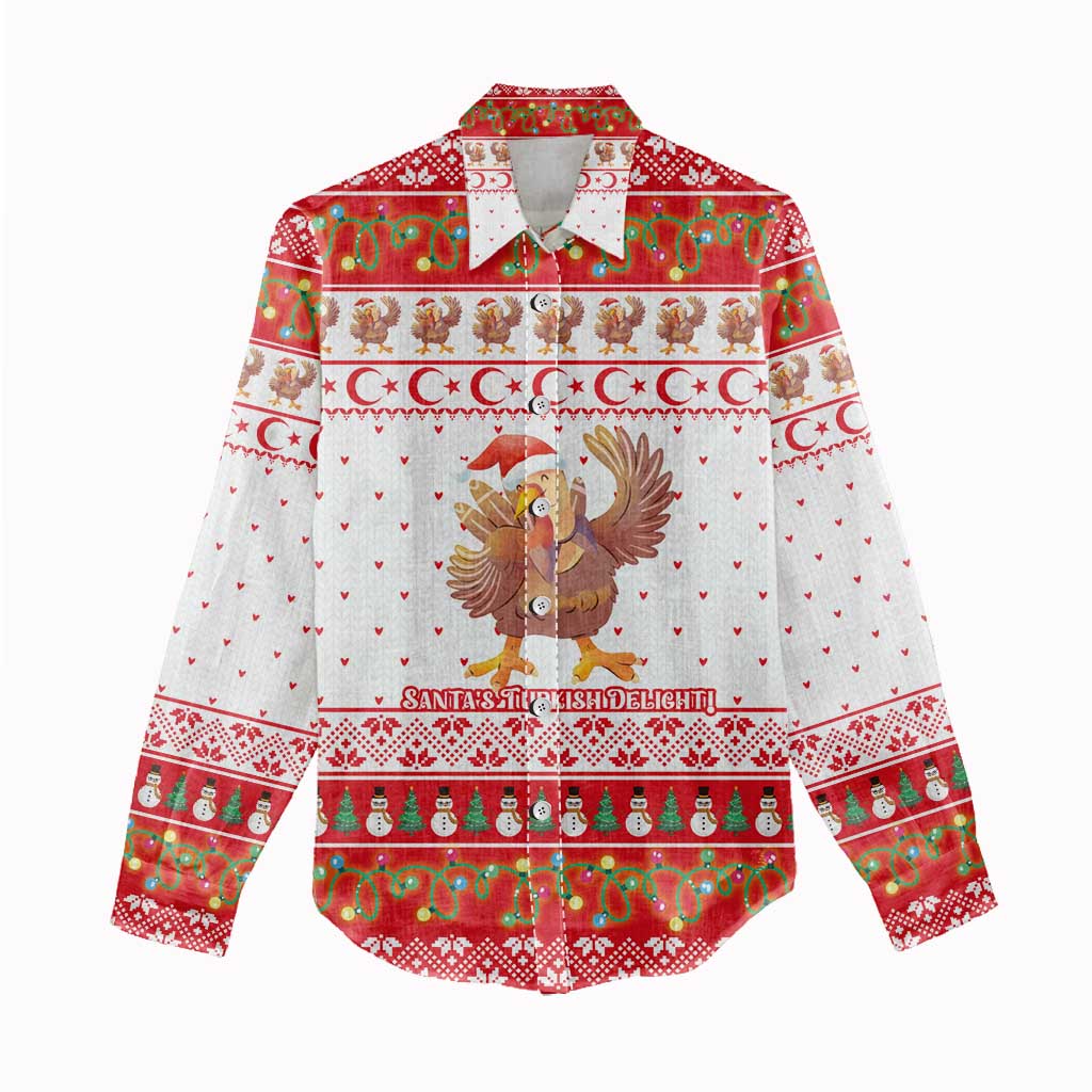 Turkey Christmas Women Casual Shirt with Santa Turkey Red Crescent Pattern Snowmen and Festive Lights - Wonder Print Shop