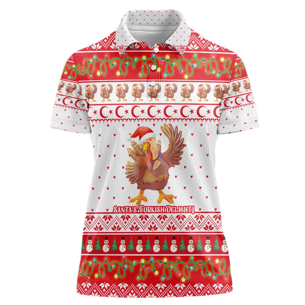 Turkey Christmas Women Polo Shirt with Santa Turkey Red Crescent Pattern Snowmen and Festive Lights - Wonder Print Shop