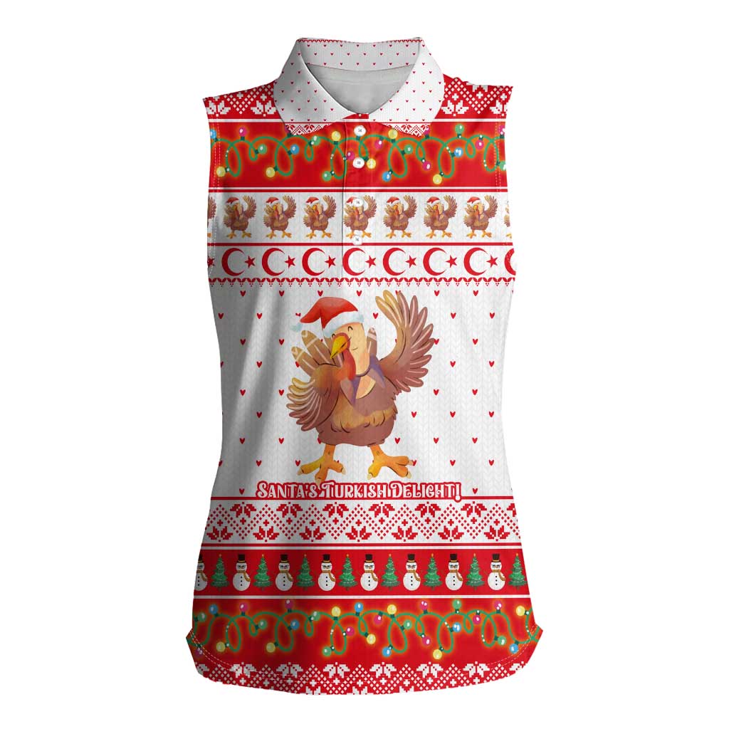 Turkey Christmas Women Sleeveless Polo Shirt with Santa Turkey Red Crescent Pattern Snowmen and Festive Lights - Wonder Print Shop