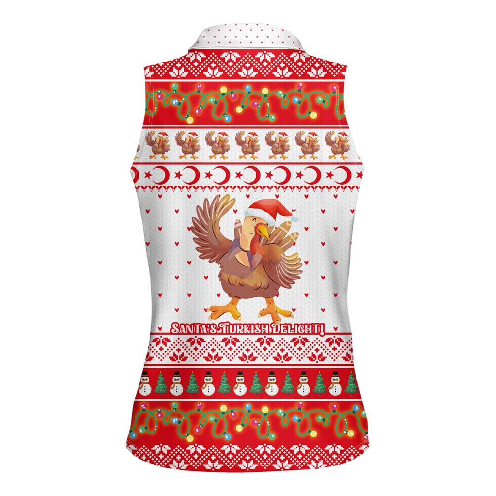 Turkey Christmas Women Sleeveless Polo Shirt with Santa Turkey Red Crescent Pattern Snowmen and Festive Lights - Wonder Print Shop