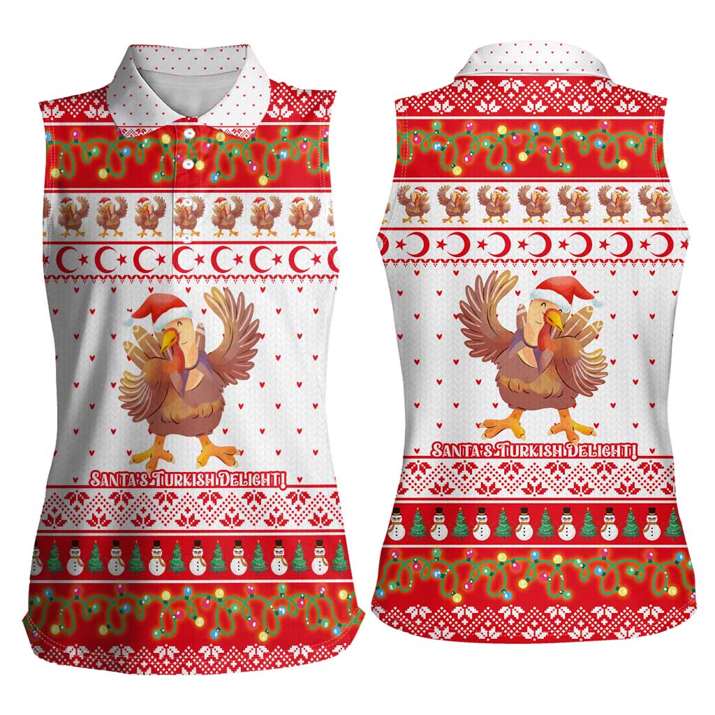 Turkey Christmas Women Sleeveless Polo Shirt with Santa Turkey Red Crescent Pattern Snowmen and Festive Lights - Wonder Print Shop