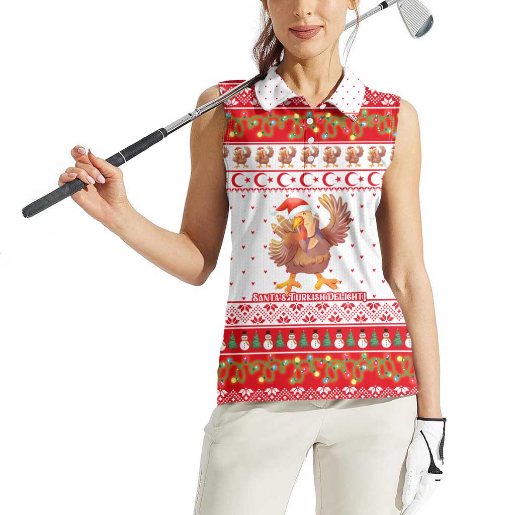 Turkey Christmas Women Sleeveless Polo Shirt with Santa Turkey Red Crescent Pattern Snowmen and Festive Lights - Wonder Print Shop