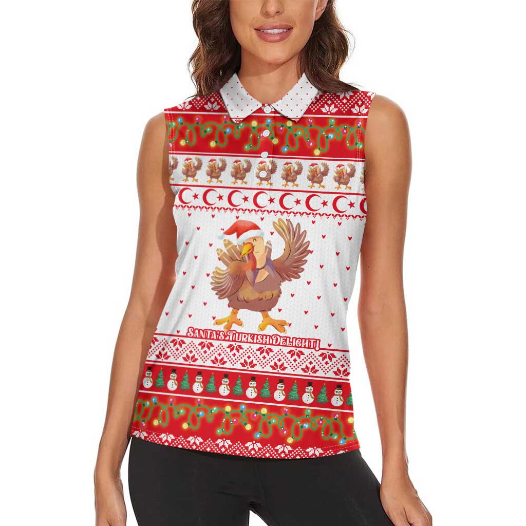 Turkey Christmas Women Sleeveless Polo Shirt with Santa Turkey Red Crescent Pattern Snowmen and Festive Lights - Wonder Print Shop