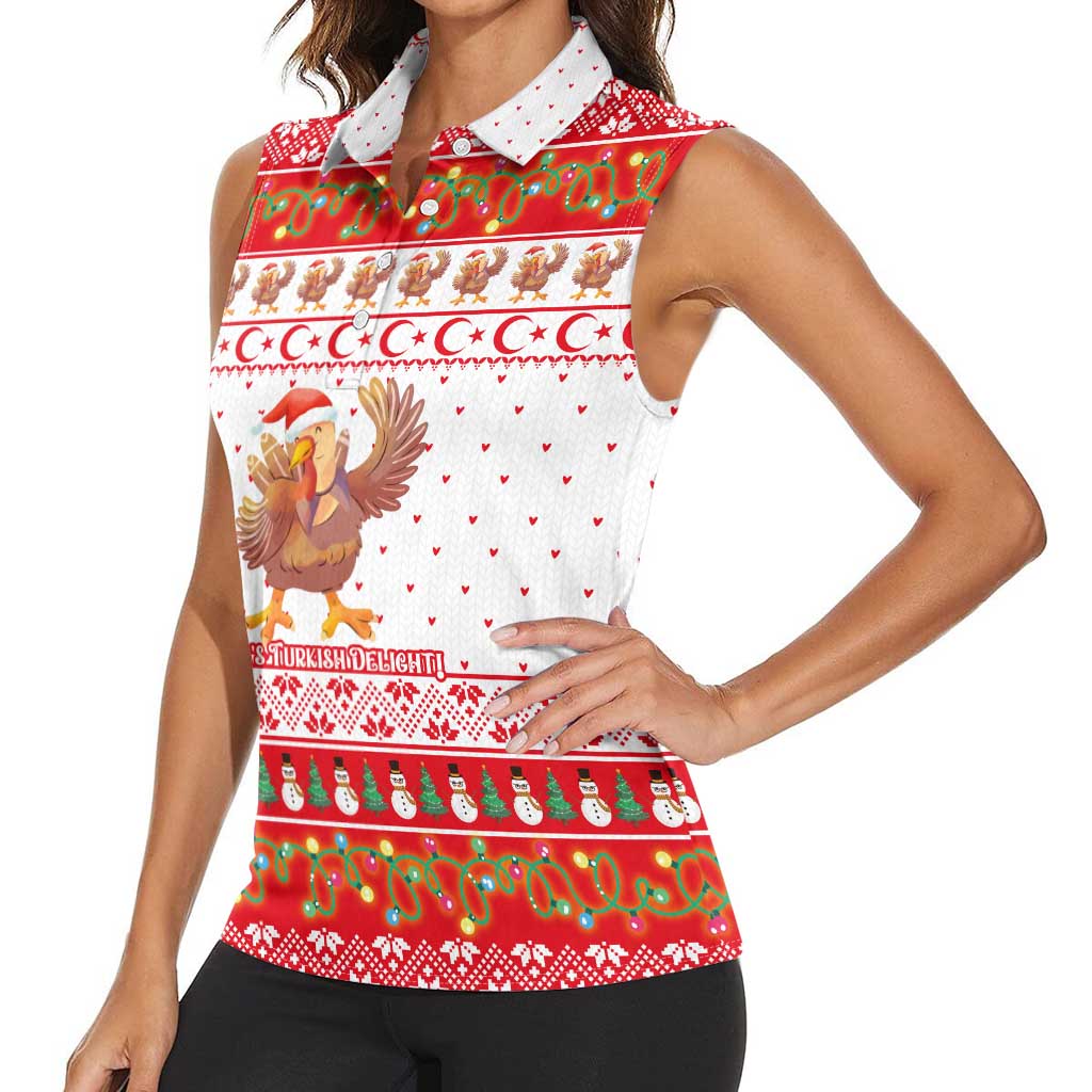 Turkey Christmas Women Sleeveless Polo Shirt with Santa Turkey Red Crescent Pattern Snowmen and Festive Lights - Wonder Print Shop