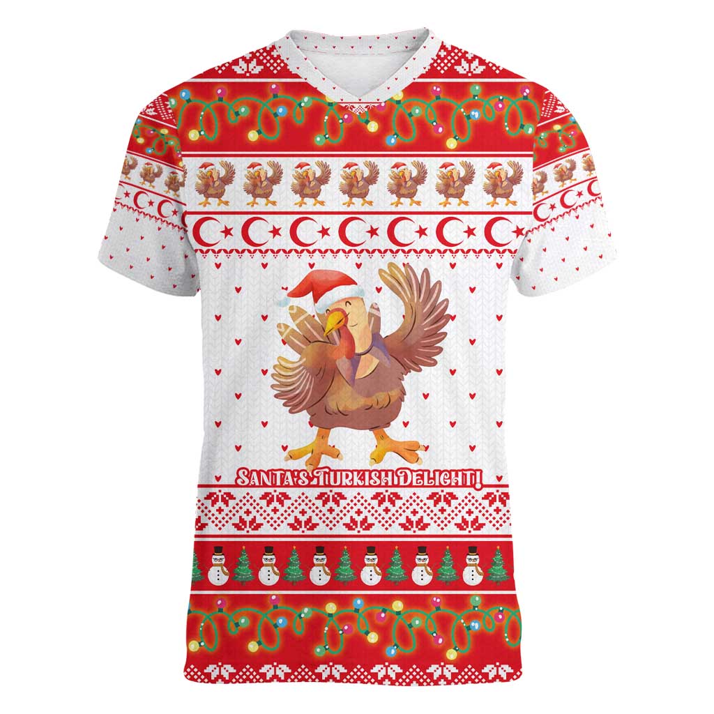 Turkey Christmas Women V-Neck T-Shirt with Santa Turkey Red Crescent Pattern Snowmen and Festive Lights - Wonder Print Shop