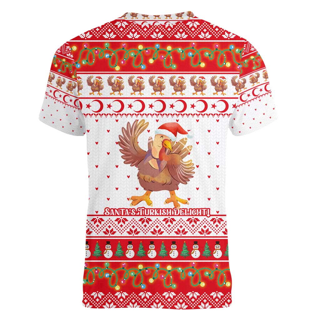 Turkey Christmas Women V-Neck T-Shirt with Santa Turkey Red Crescent Pattern Snowmen and Festive Lights - Wonder Print Shop