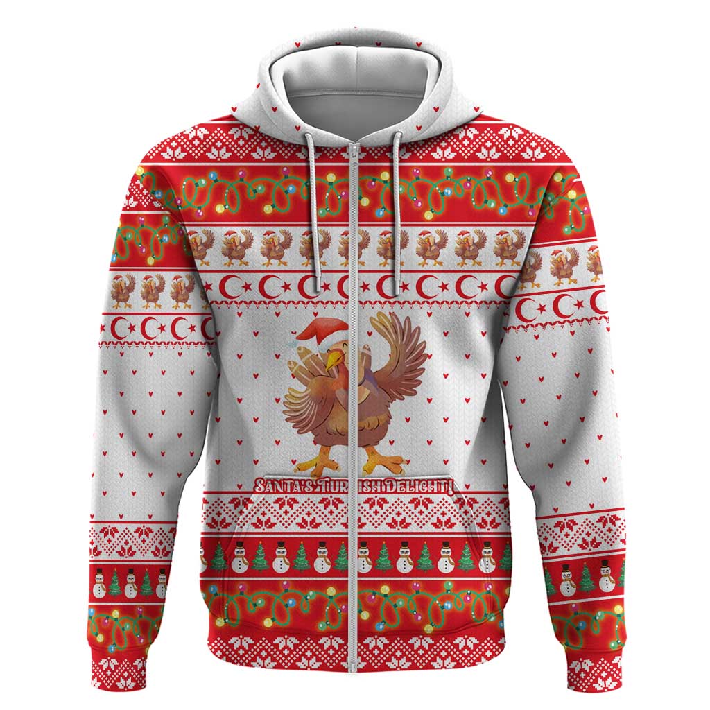 Turkey Christmas Zip Hoodie with Santa Turkey Red Crescent Pattern Snowmen and Festive Lights - Wonder Print Shop