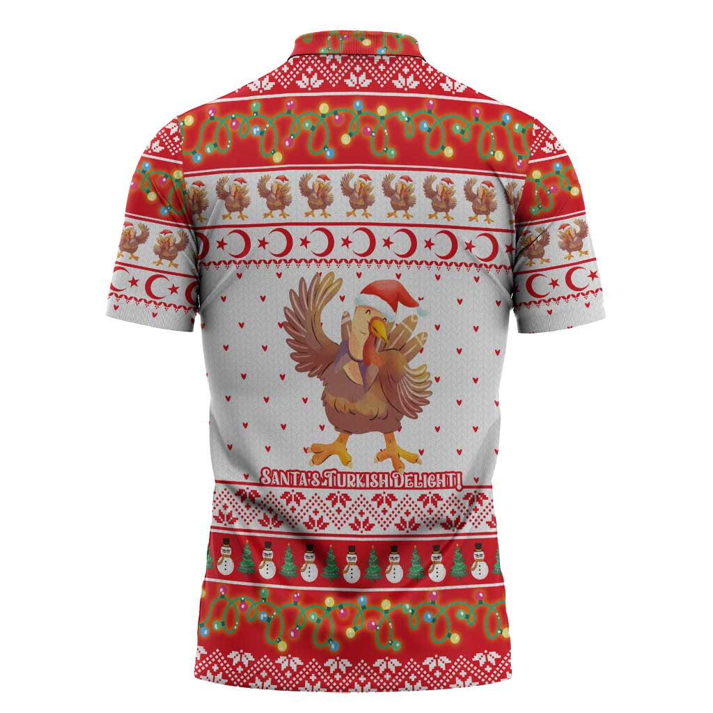 Turkey Christmas Zipper Polo Shirt with Santa Turkey Red Crescent Pattern Snowmen and Festive Lights - Wonder Print Shop