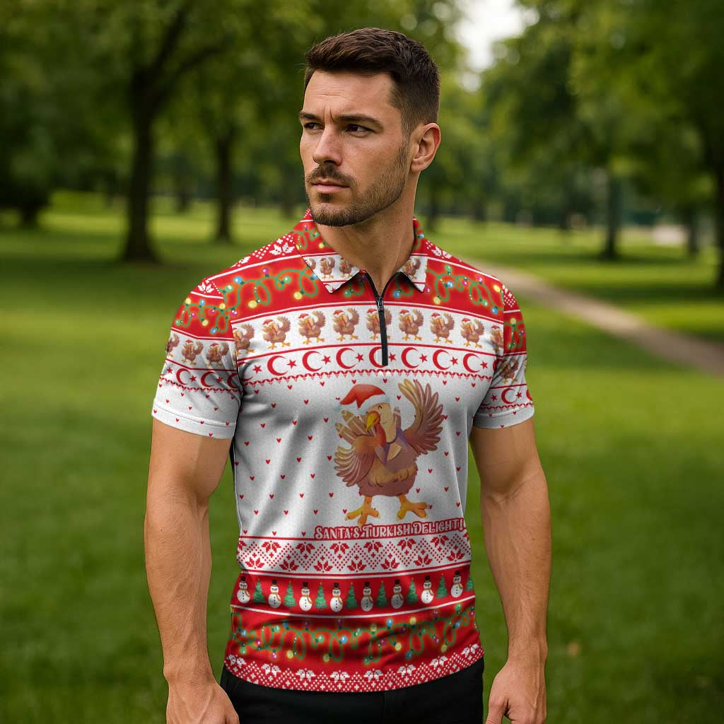 Turkey Christmas Zipper Polo Shirt with Santa Turkey Red Crescent Pattern Snowmen and Festive Lights - Wonder Print Shop