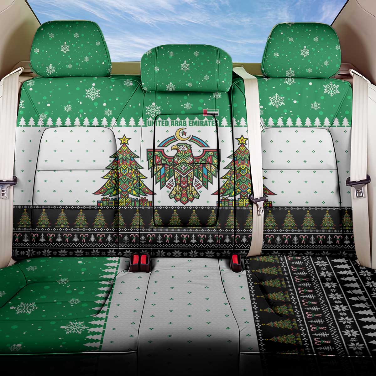 United Arab Emirates Christmas Back Car Seat Cover with Falcon Tree Design Snowflake Pattern and National Emblem - Wonder Print Shop