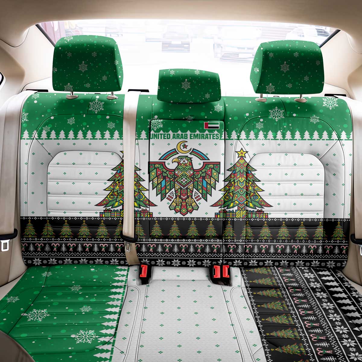 United Arab Emirates Christmas Back Car Seat Cover with Falcon Tree Design Snowflake Pattern and National Emblem - Wonder Print Shop