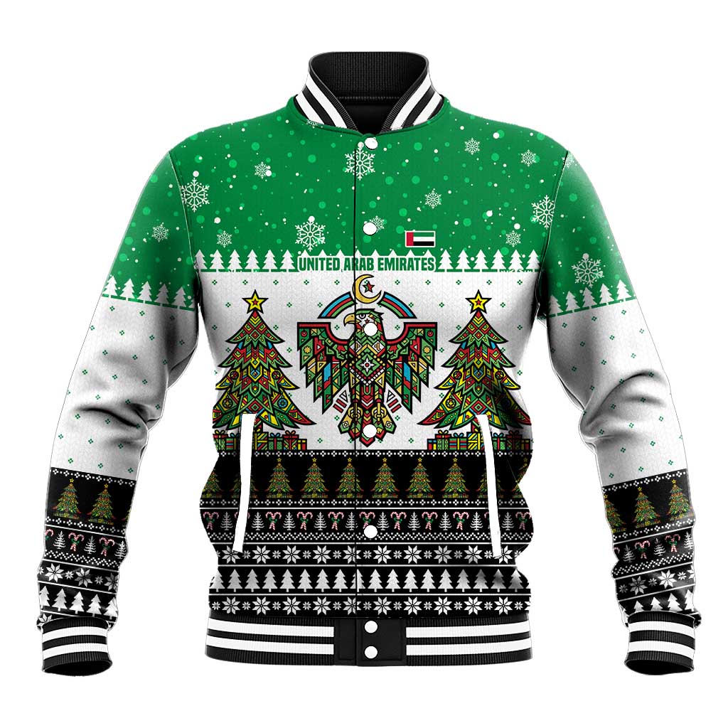 United Arab Emirates Christmas Baseball Jacket with Falcon Tree Design Snowflake Pattern and National Emblem - Wonder Print Shop