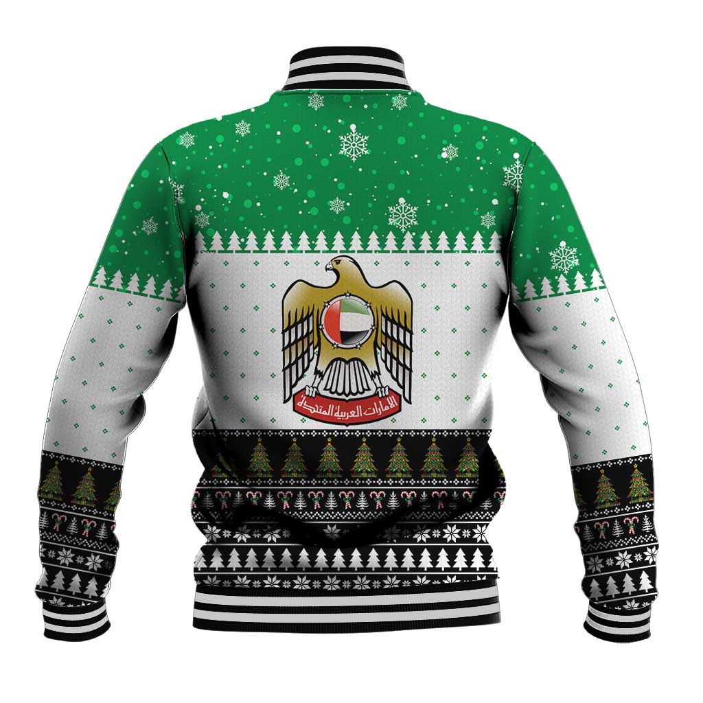 United Arab Emirates Christmas Baseball Jacket with Falcon Tree Design Snowflake Pattern and National Emblem - Wonder Print Shop