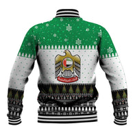 United Arab Emirates Christmas Baseball Jacket with Falcon Tree Design Snowflake Pattern and National Emblem - Wonder Print Shop