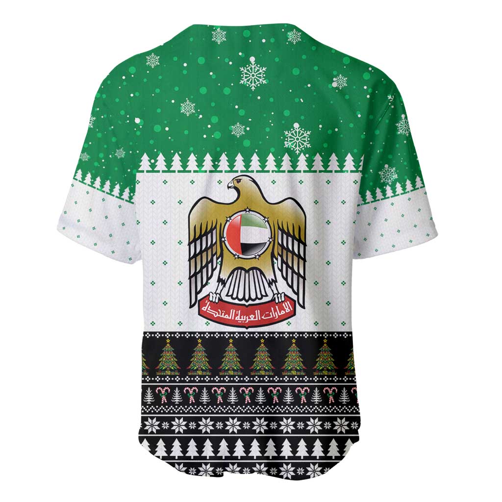 United Arab Emirates Christmas Baseball Jersey with Falcon Tree Design Snowflake Pattern and National Emblem - Wonder Print Shop
