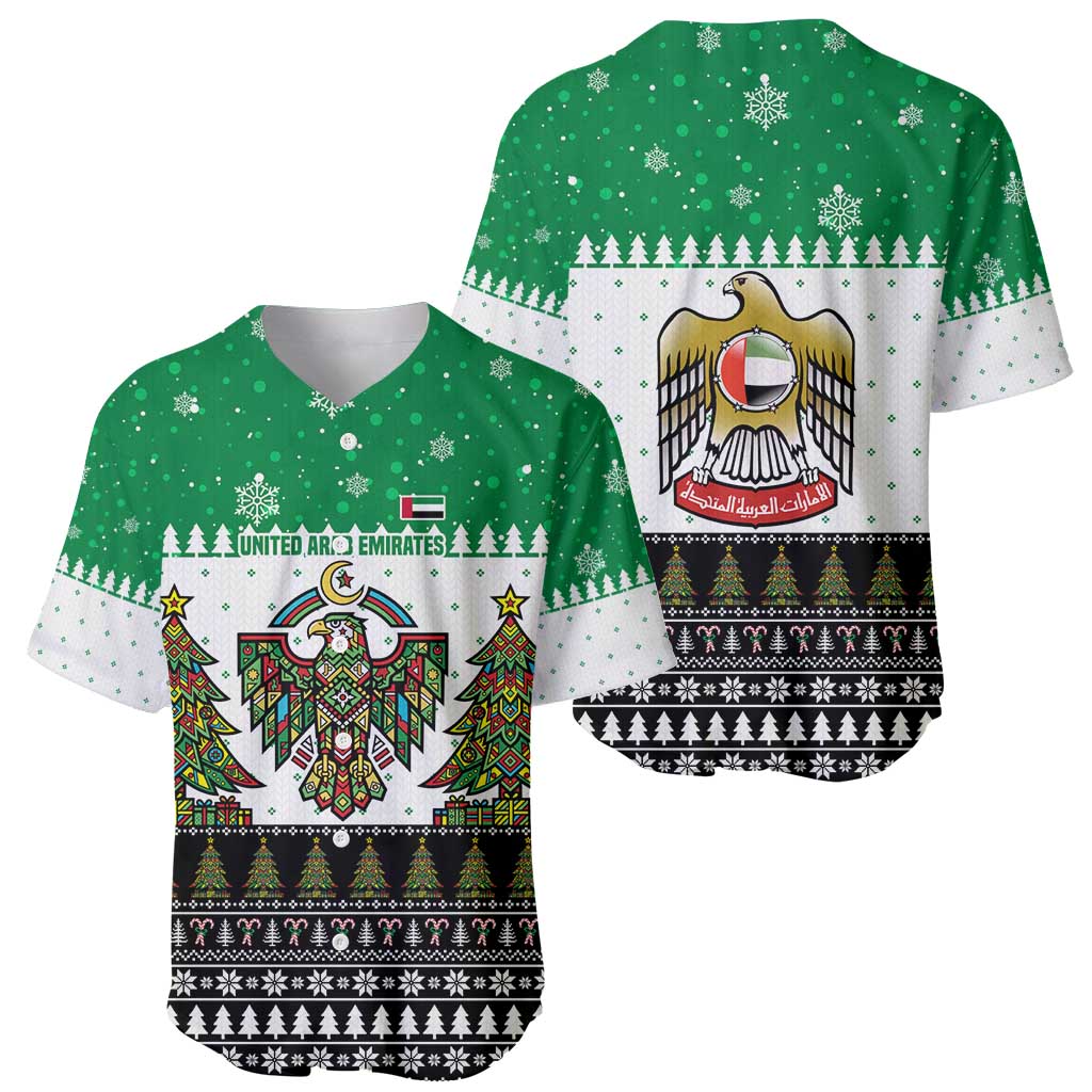 United Arab Emirates Christmas Baseball Jersey with Falcon Tree Design Snowflake Pattern and National Emblem - Wonder Print Shop