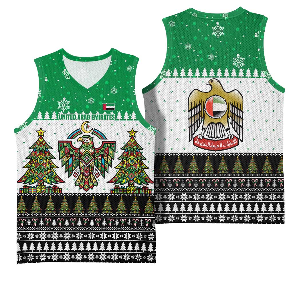 United Arab Emirates Christmas Basketball Jersey with Falcon Tree Design Snowflake Pattern and National Emblem - Wonder Print Shop