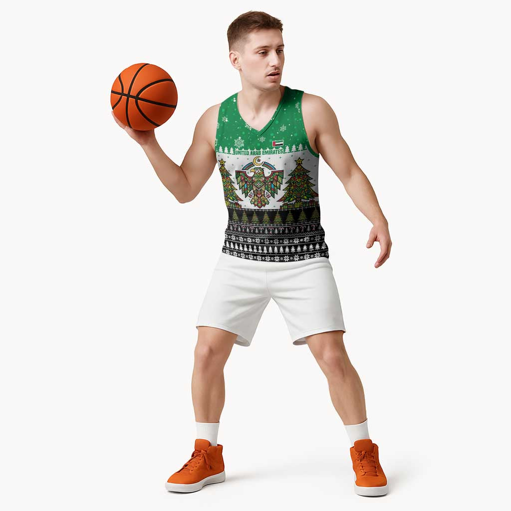 United Arab Emirates Christmas Basketball Jersey with Falcon Tree Design Snowflake Pattern and National Emblem - Wonder Print Shop