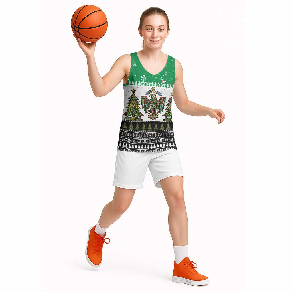 United Arab Emirates Christmas Basketball Jersey with Falcon Tree Design Snowflake Pattern and National Emblem - Wonder Print Shop