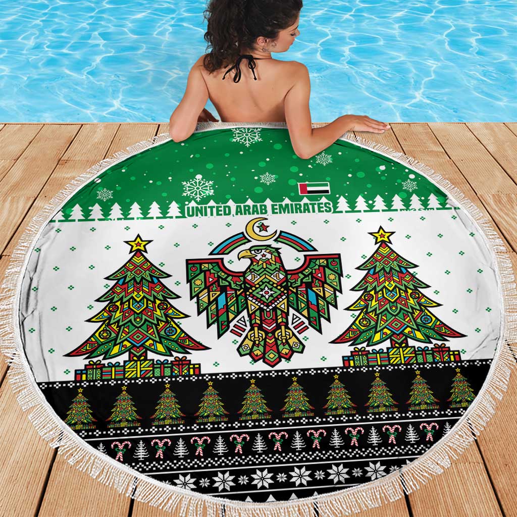 United Arab Emirates Christmas Beach Blanket with Falcon Tree Design Snowflake Pattern and National Emblem - Wonder Print Shop