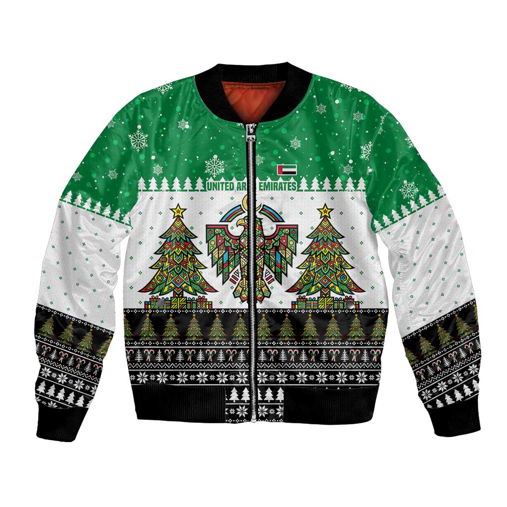 United Arab Emirates Christmas Bomber Jacket with Falcon Tree Design Snowflake Pattern and National Emblem - Wonder Print Shop