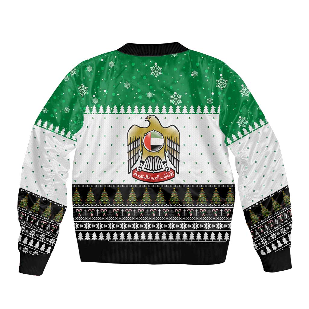 United Arab Emirates Christmas Bomber Jacket with Falcon Tree Design Snowflake Pattern and National Emblem - Wonder Print Shop