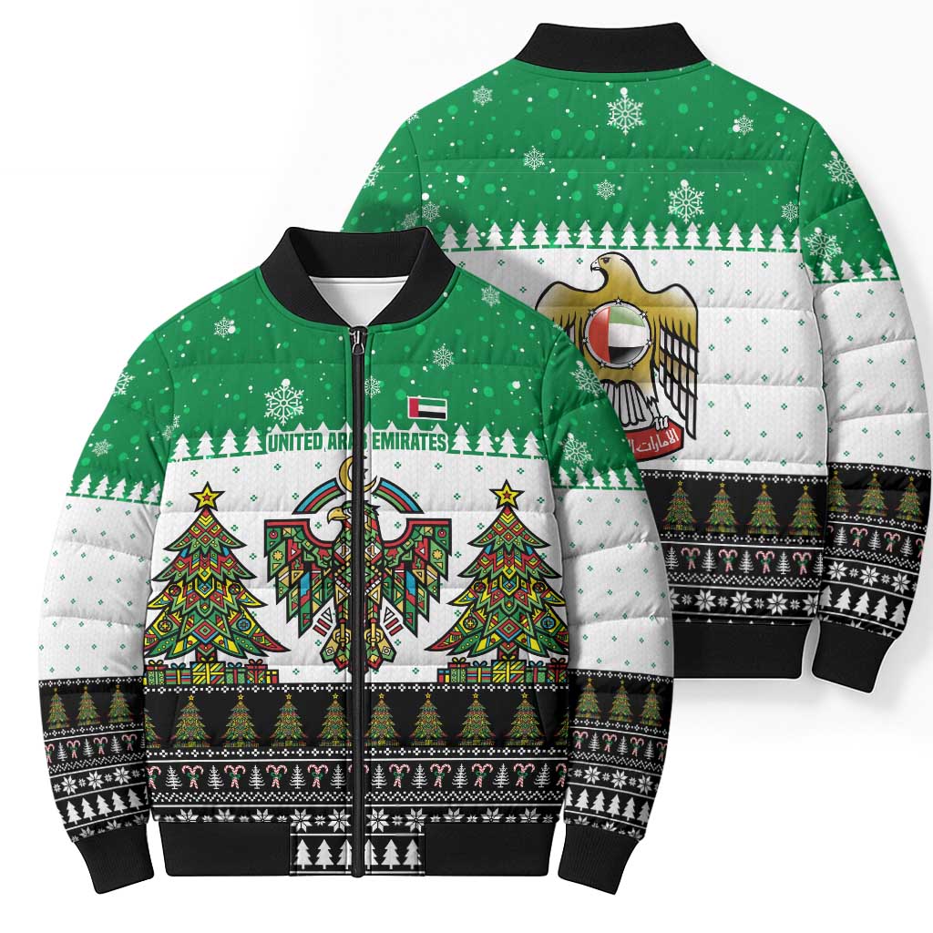 United Arab Emirates Christmas Bomber Puffer Jacket with Falcon Tree Design Snowflake Pattern and National Emblem - Wonder Print Shop