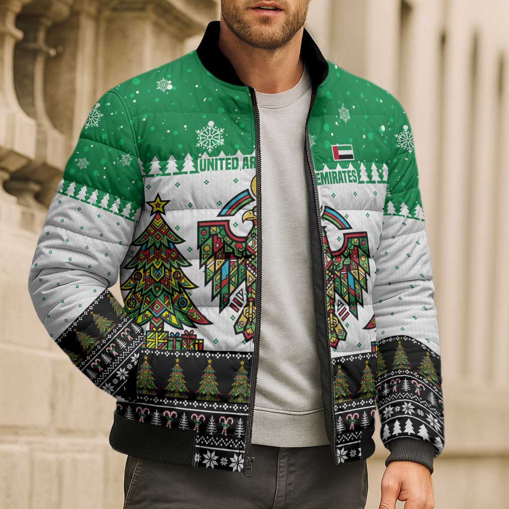 United Arab Emirates Christmas Bomber Puffer Jacket with Falcon Tree Design Snowflake Pattern and National Emblem - Wonder Print Shop