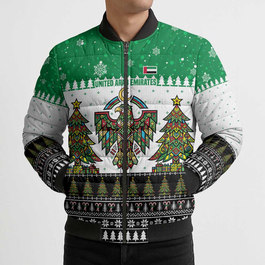 United Arab Emirates Christmas Bomber Puffer Jacket with Falcon Tree Design Snowflake Pattern and National Emblem - Wonder Print Shop