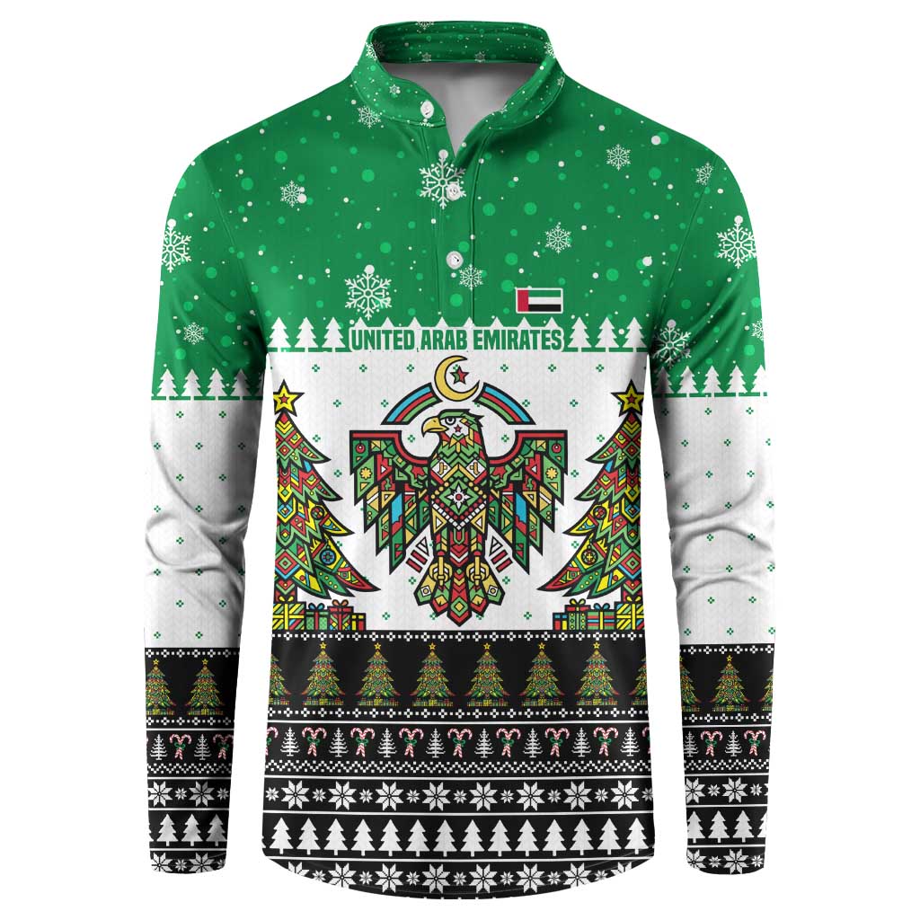 United Arab Emirates Christmas Button Sweatshirt with Falcon Tree Design Snowflake Pattern and National Emblem - Wonder Print Shop