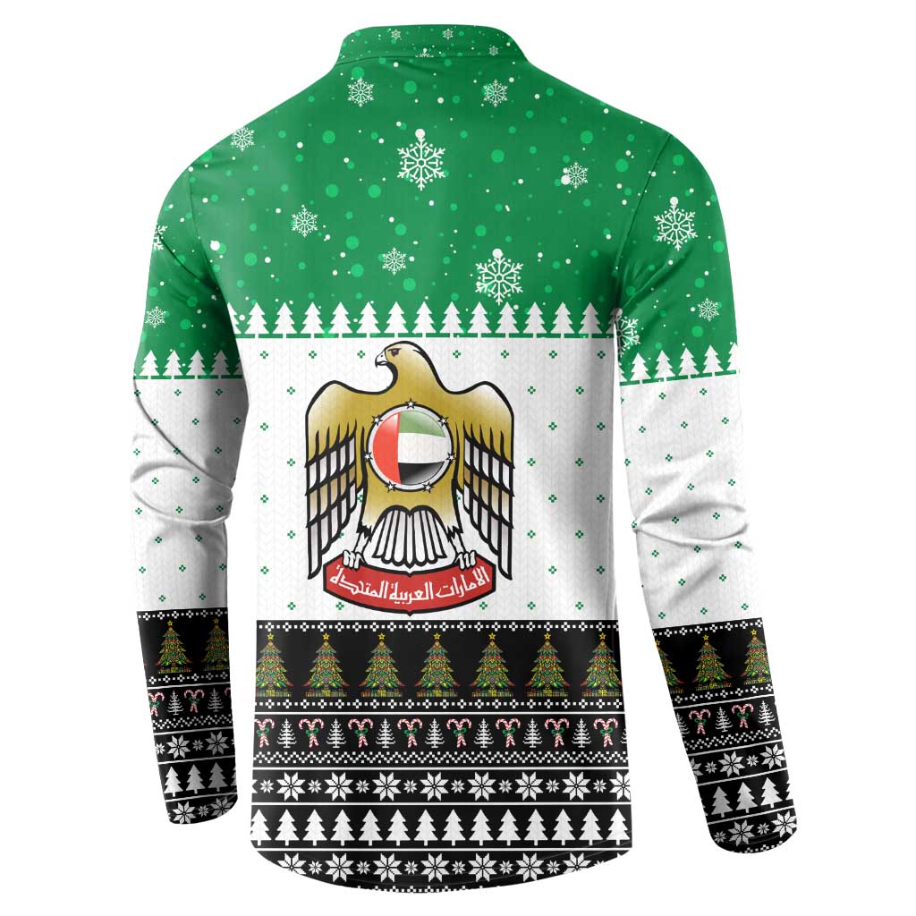 United Arab Emirates Christmas Button Sweatshirt with Falcon Tree Design Snowflake Pattern and National Emblem - Wonder Print Shop