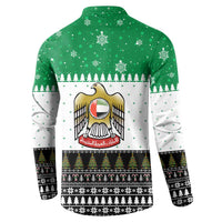 United Arab Emirates Christmas Button Sweatshirt with Falcon Tree Design Snowflake Pattern and National Emblem - Wonder Print Shop