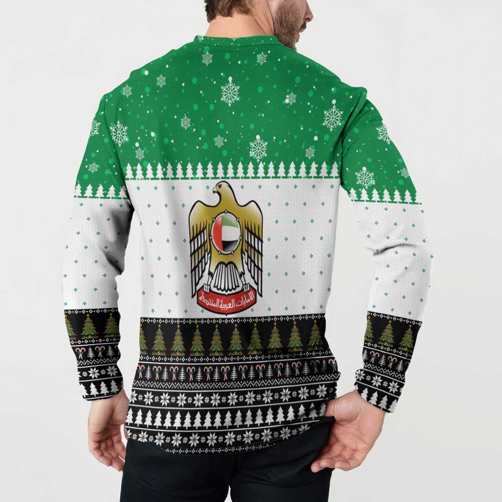 United Arab Emirates Christmas Button Sweatshirt with Falcon Tree Design Snowflake Pattern and National Emblem - Wonder Print Shop