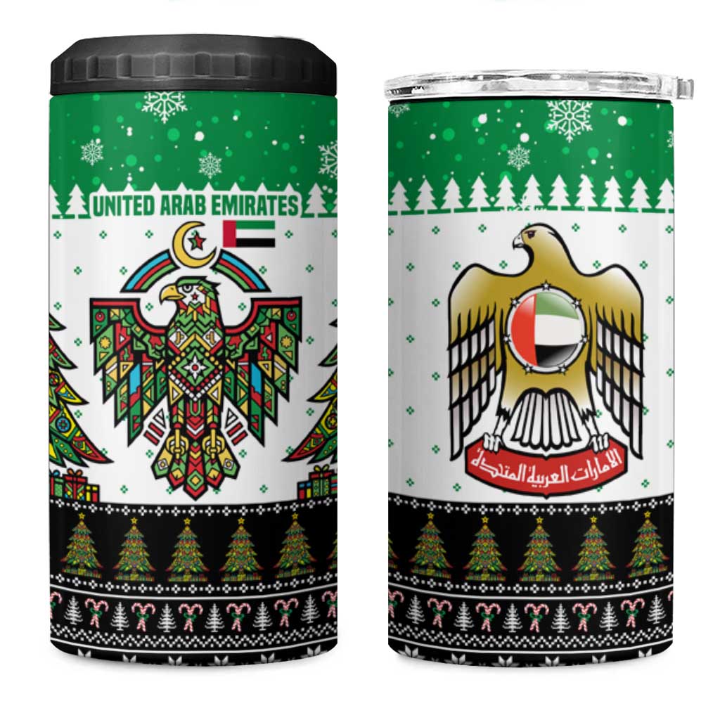 United Arab Emirates Christmas 4 in 1 Can Cooler Tumbler with Falcon Tree Design Snowflake Pattern and National Emblem - Wonder Print Shop