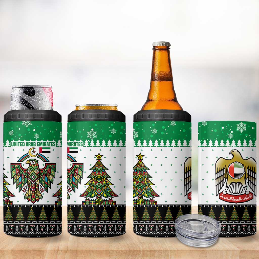 United Arab Emirates Christmas 4 in 1 Can Cooler Tumbler with Falcon Tree Design Snowflake Pattern and National Emblem - Wonder Print Shop