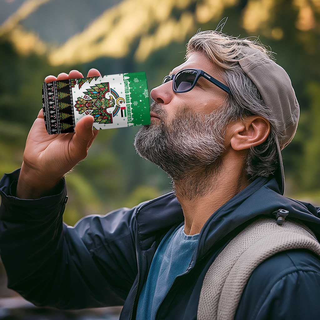United Arab Emirates Christmas 4 in 1 Can Cooler Tumbler with Falcon Tree Design Snowflake Pattern and National Emblem - Wonder Print Shop