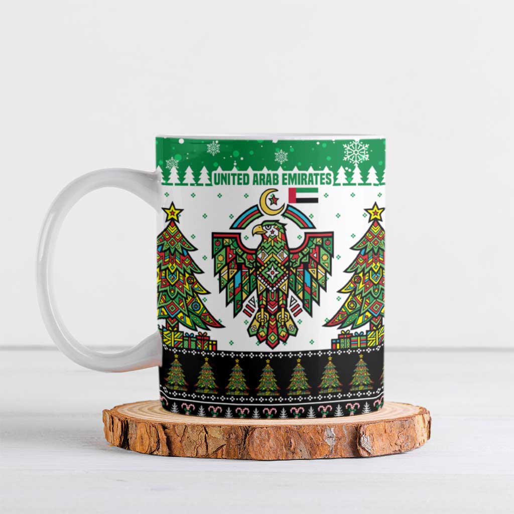 United Arab Emirates Christmas Ceramic Mug with Falcon Tree Design Snowflake Pattern and National Emblem - Wonder Print Shop