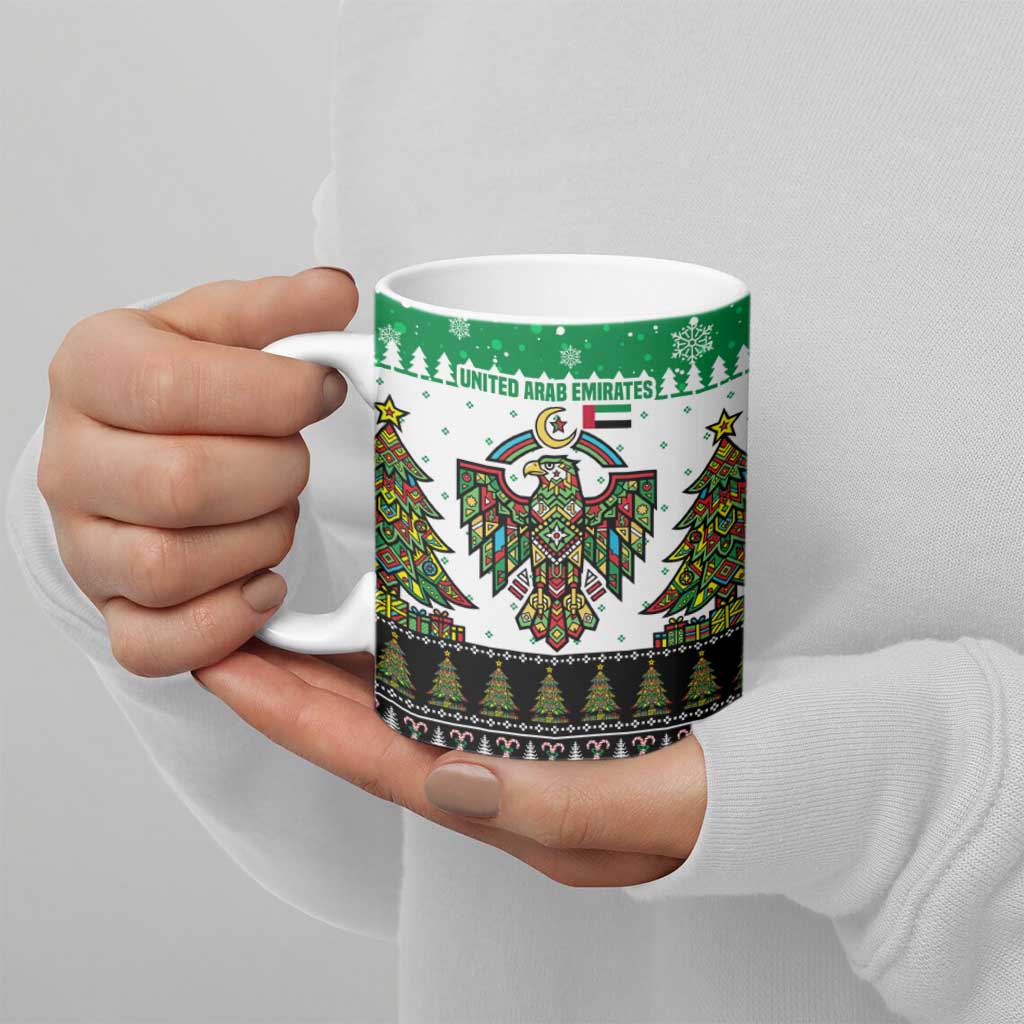 United Arab Emirates Christmas Ceramic Mug with Falcon Tree Design Snowflake Pattern and National Emblem - Wonder Print Shop