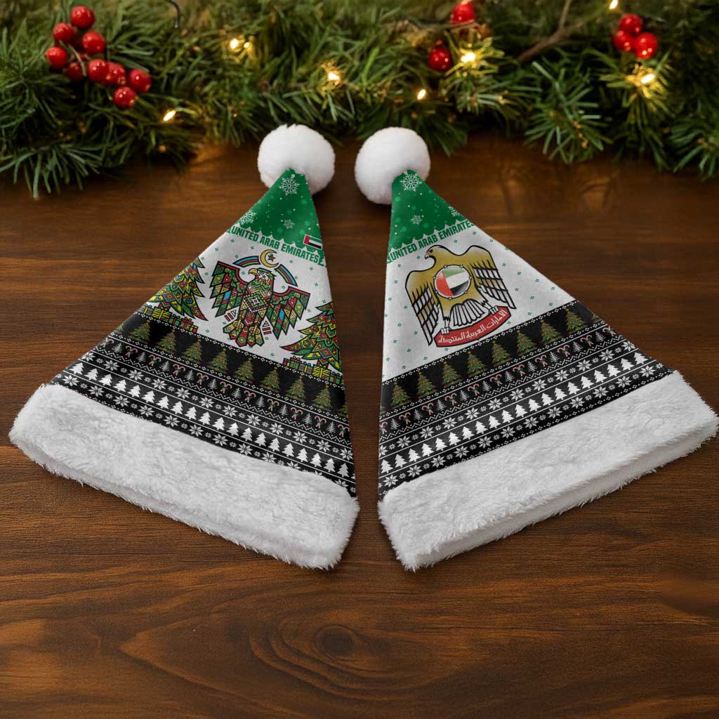United Arab Emirates Christmas Santa Hat with Falcon Tree Design Snowflake Pattern and National Emblem - Wonder Print Shop