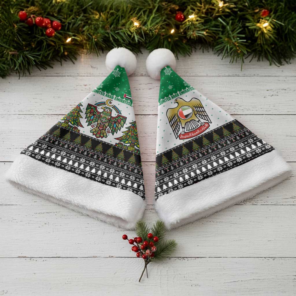 United Arab Emirates Christmas Santa Hat with Falcon Tree Design Snowflake Pattern and National Emblem - Wonder Print Shop