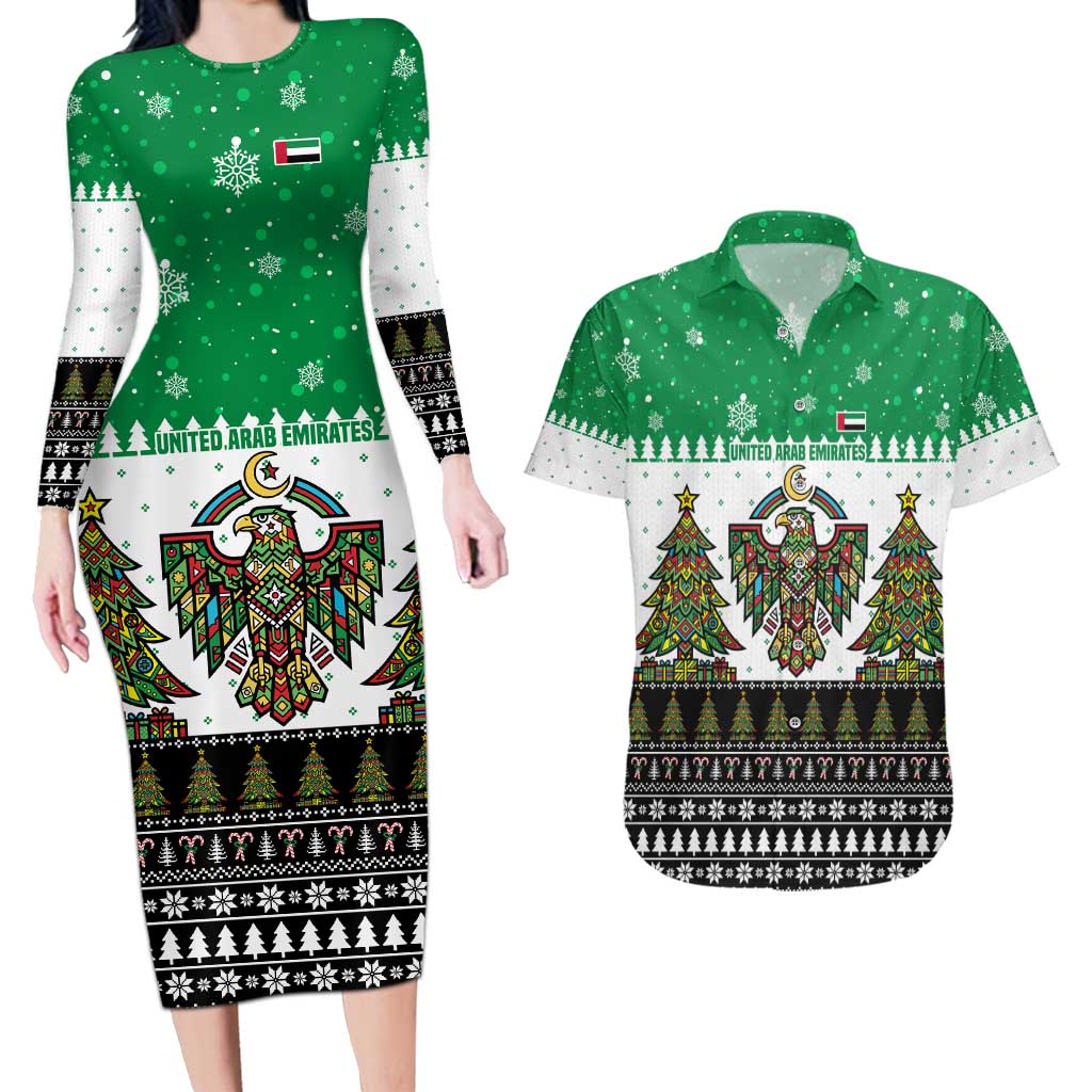 United Arab Emirates Christmas Couples Matching Long Sleeve Bodycon Dress and Hawaiian Shirt with Falcon Tree Design Snowflake Pattern and National Emblem - Wonder Print Shop