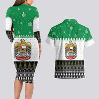 United Arab Emirates Christmas Couples Matching Long Sleeve Bodycon Dress and Hawaiian Shirt with Falcon Tree Design Snowflake Pattern and National Emblem - Wonder Print Shop