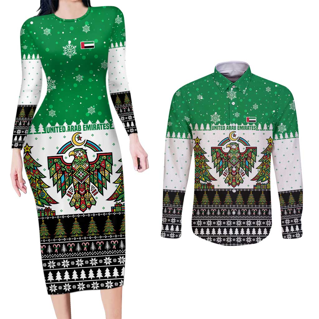 United Arab Emirates Christmas Couples Matching Long Sleeve Bodycon Dress and Long Sleeve Button Shirt with Falcon Tree Design Snowflake Pattern and National Emblem - Wonder Print Shop