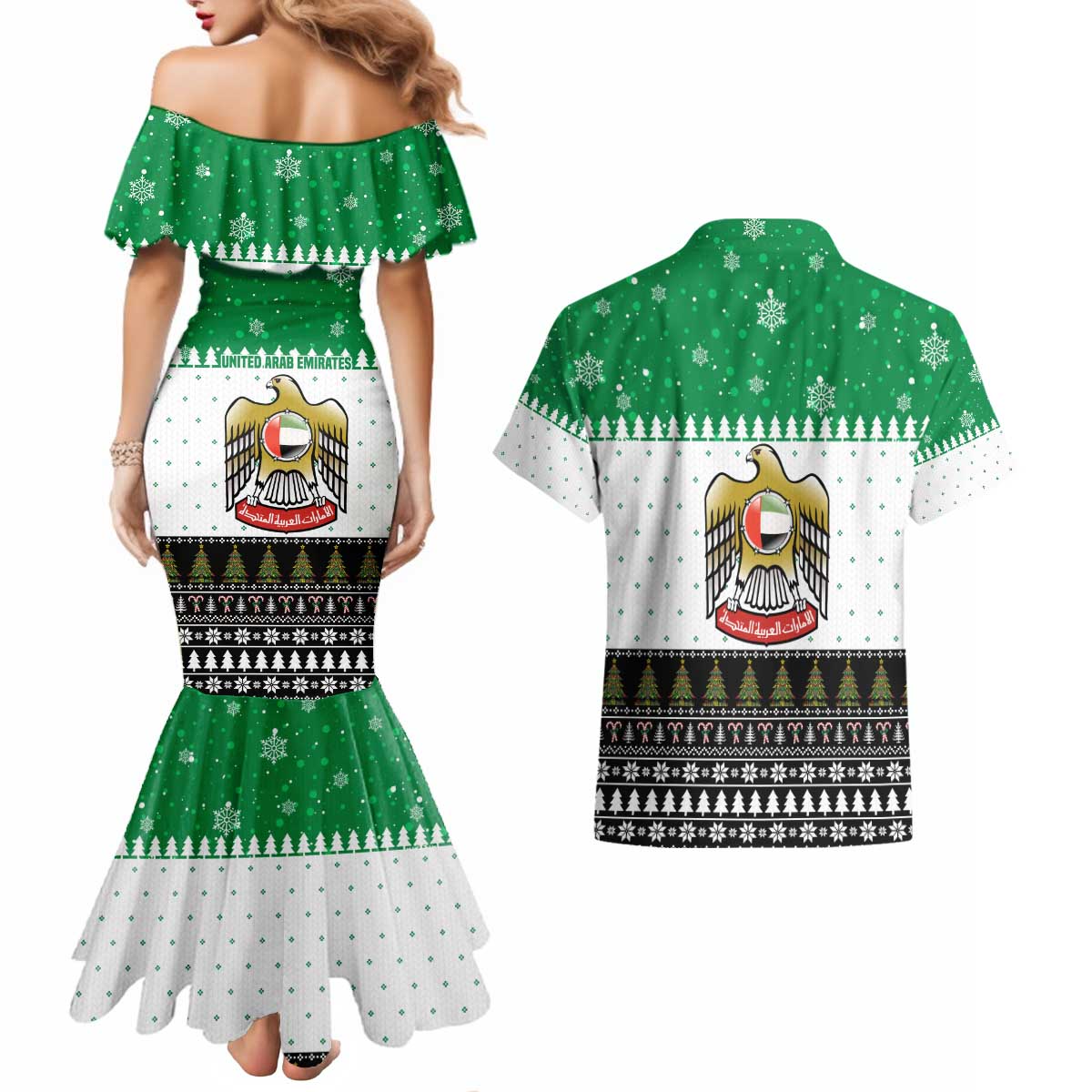 United Arab Emirates Christmas Couples Matching Mermaid Dress and Hawaiian Shirt with Falcon Tree Design Snowflake Pattern and National Emblem - Wonder Print Shop