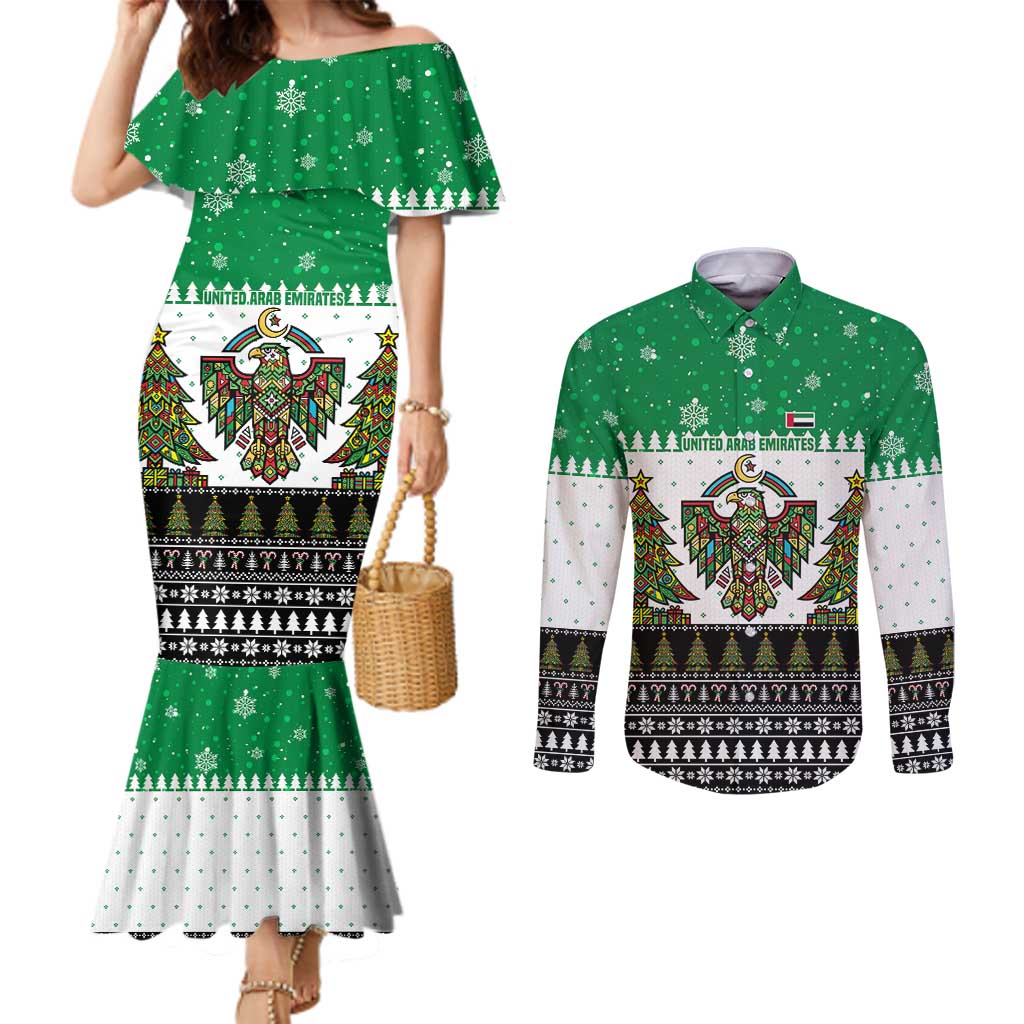 United Arab Emirates Christmas Couples Matching Mermaid Dress and Long Sleeve Button Shirt with Falcon Tree Design Snowflake Pattern and National Emblem - Wonder Print Shop