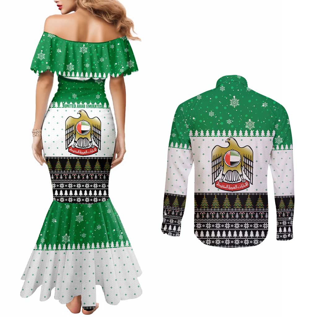 United Arab Emirates Christmas Couples Matching Mermaid Dress and Long Sleeve Button Shirt with Falcon Tree Design Snowflake Pattern and National Emblem - Wonder Print Shop