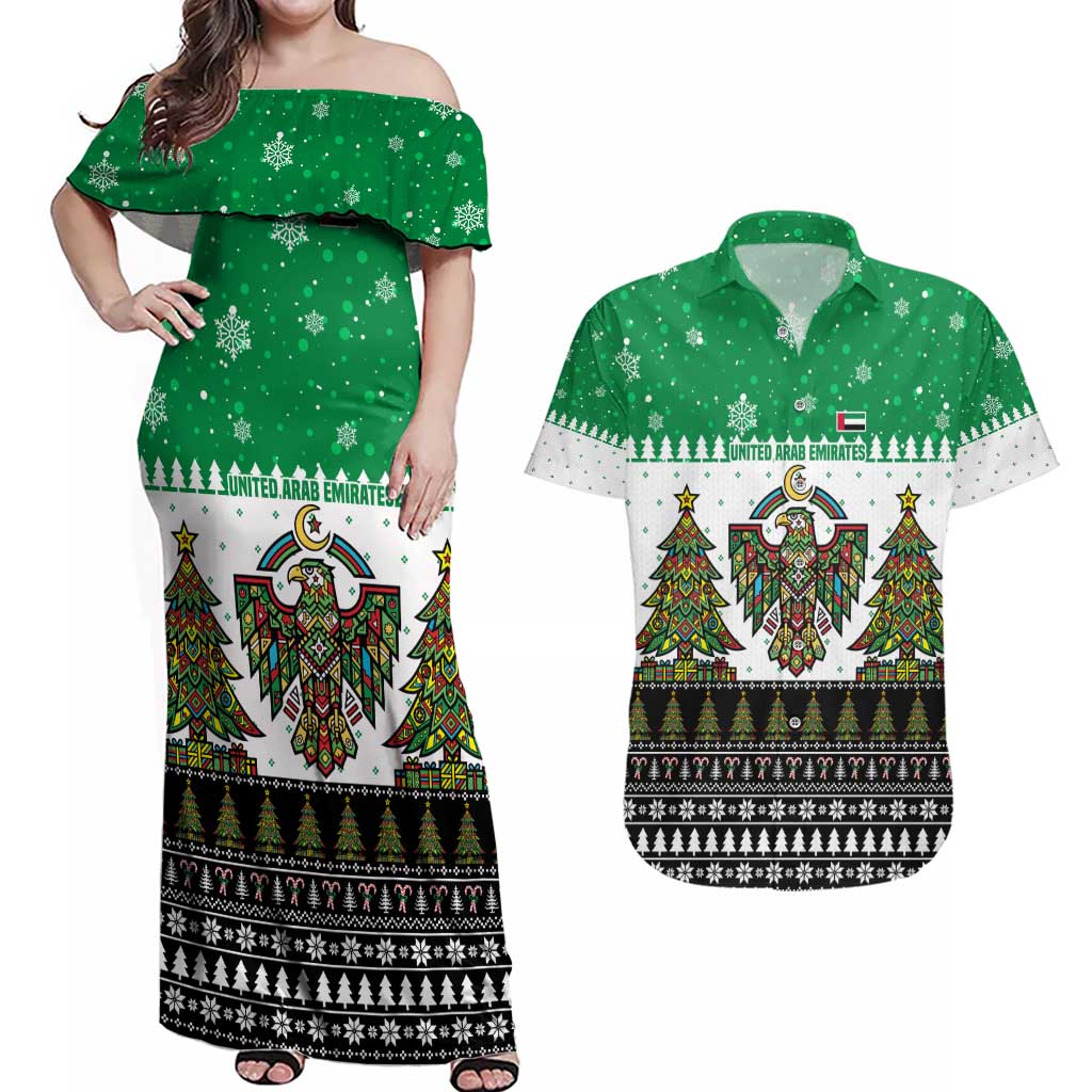 United Arab Emirates Christmas Couples Matching Off Shoulder Maxi Dress and Hawaiian Shirt with Falcon Tree Design Snowflake Pattern and National Emblem - Wonder Print Shop